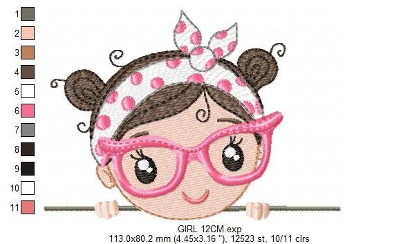 Peek a boo Girl with glasses embroidery designs - Baby girl machine embroidery pattern file - Young Lady Towel file - Instant download pes
