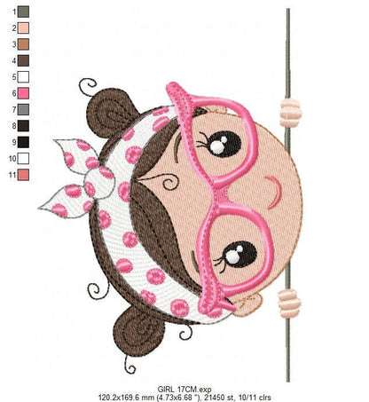 Peek a boo Girl with glasses embroidery designs - Baby girl machine embroidery pattern file - Young Lady Towel file - Instant download pes