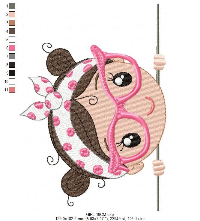 Peek a boo Girl with glasses embroidery designs - Baby girl machine embroidery pattern file - Young Lady Towel file - Instant download pes