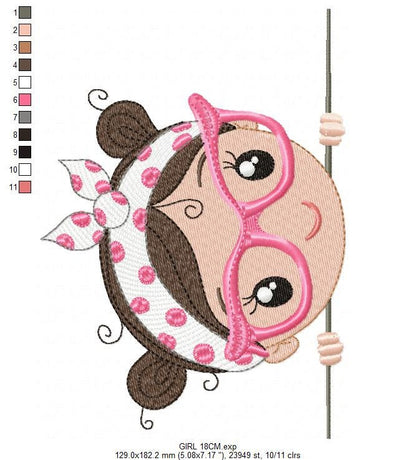 Peek a boo Girl with glasses embroidery designs - Baby girl machine embroidery pattern file - Young Lady Towel file - Instant download pes