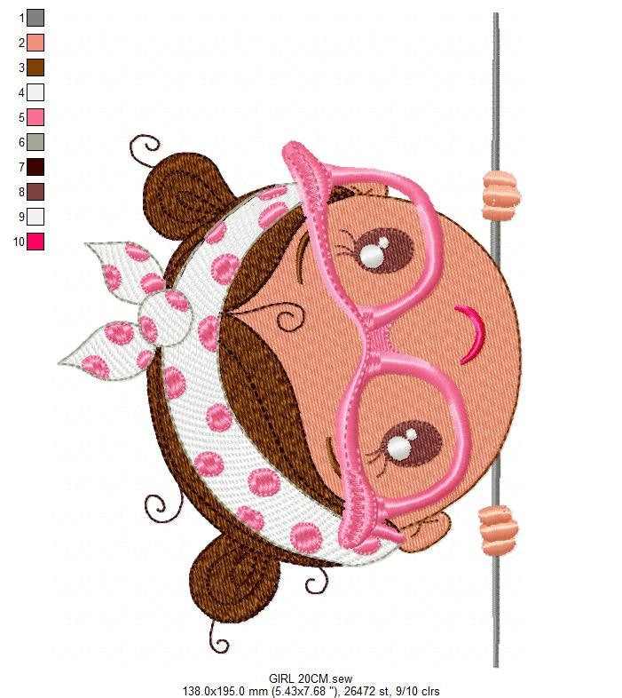 Peek a boo Girl with glasses embroidery designs - Baby girl machine embroidery pattern file - Young Lady Towel file - Instant download pes