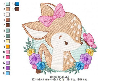 Deer embroidery design - Woodland Animal with flowers machine embroidery pattern - Baby Girl Butterfly file - Instant digital download pes