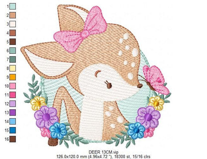 Deer embroidery design - Woodland Animal with flowers machine embroidery pattern - Baby Girl Butterfly file - Instant digital download pes