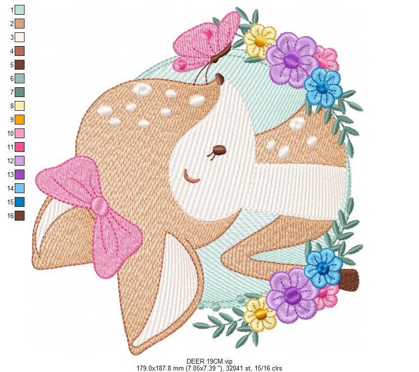 Deer embroidery design - Woodland Animal with flowers machine embroidery pattern - Baby Girl Butterfly file - Instant digital download pes