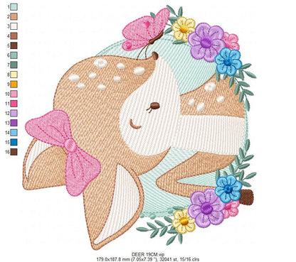 Deer embroidery design - Woodland Animal with flowers machine embroidery pattern - Baby Girl Butterfly file - Instant digital download pes