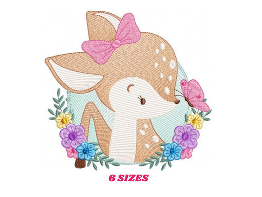 Deer embroidery design - Woodland Animal with flowers machine embroidery pattern - Baby Girl Butterfly file - Instant digital download pes