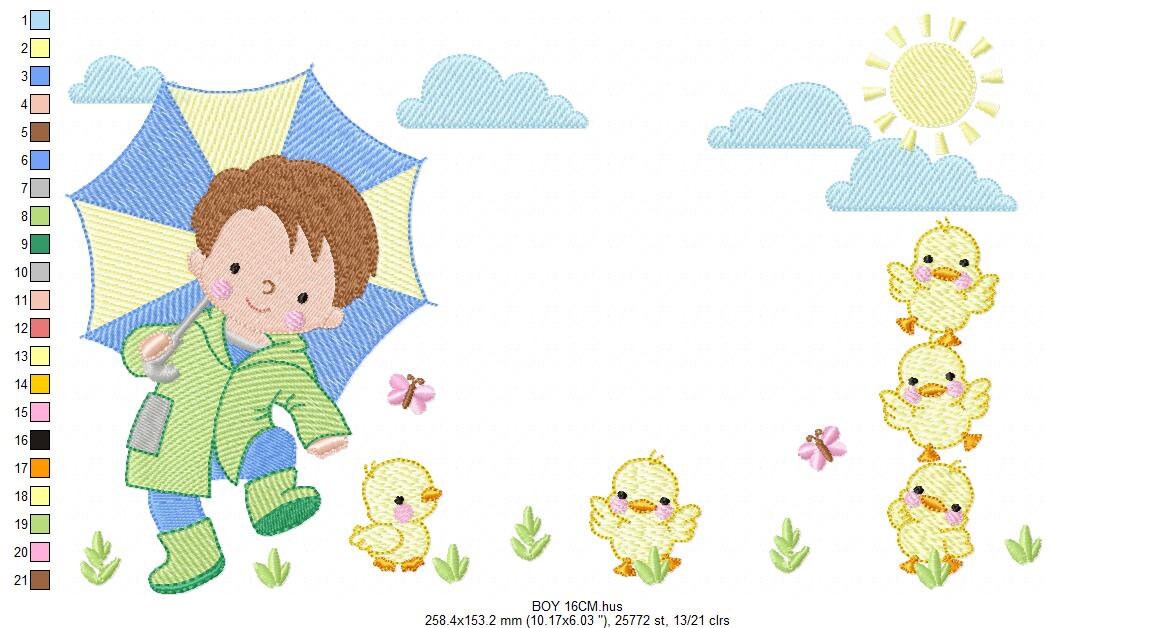 Baby boy with umbrella embroidery design - Duck family machine embroidery pattern - Boy with umbrella embroidery file - Instant download jef