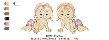 Baby girl embroidery design - Twin sisters with diapers machine embroidery pattern - Toddler file - Instant digital download pes jef dst hus