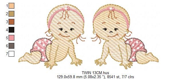 Baby girl embroidery design - Twin sisters with diapers machine embroidery pattern - Toddler file - Instant digital download pes jef dst hus