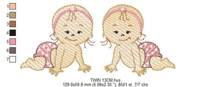 Baby girl embroidery design - Twin sisters with diapers machine embroidery pattern - Toddler file - Instant digital download pes jef dst hus