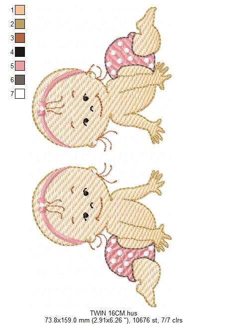 Baby girl embroidery design - Twin sisters with diapers machine embroidery pattern - Toddler file - Instant digital download pes jef dst hus