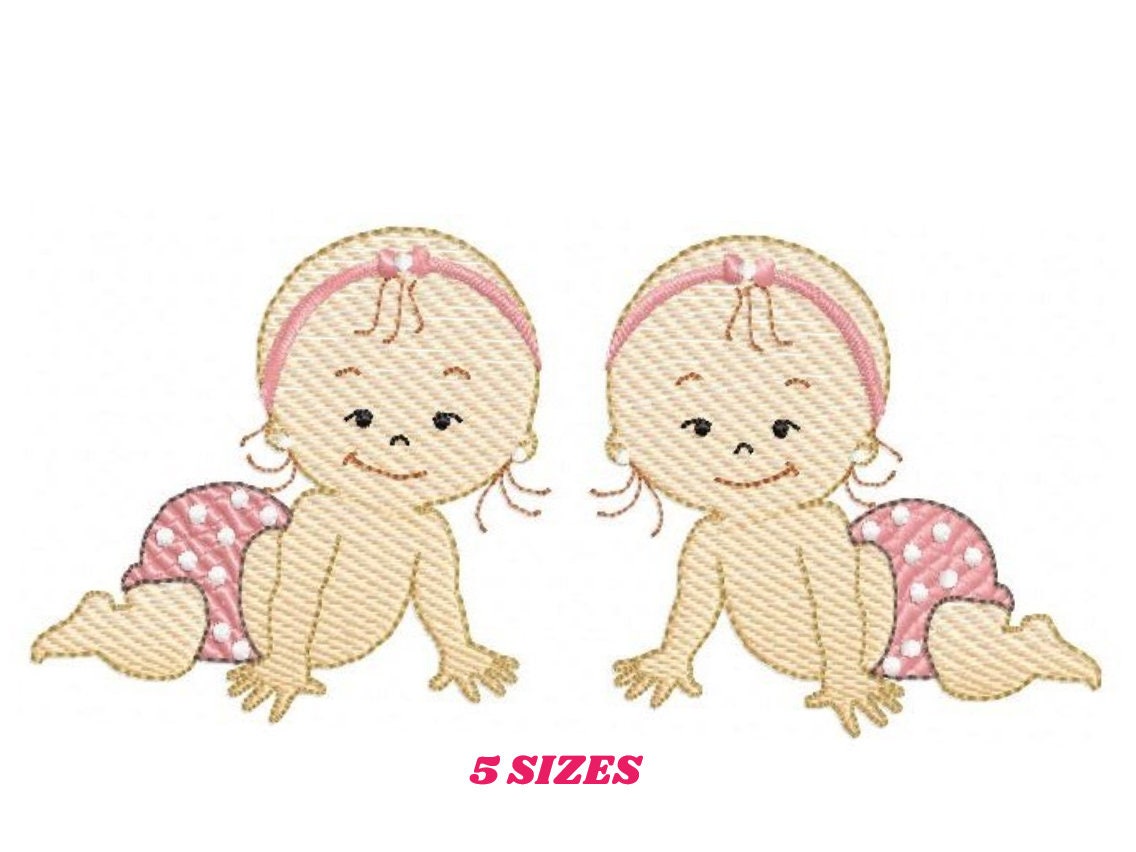Baby girl embroidery design - Twin sisters with diapers machine embroidery pattern - Toddler file - Instant digital download pes jef dst hus