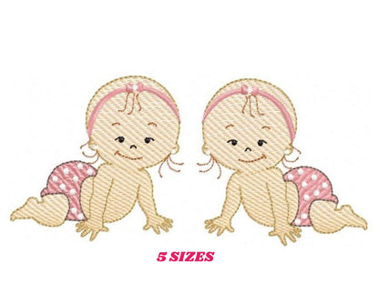 Baby girl embroidery design - Twin sisters with diapers machine embroidery pattern - Toddler file - Instant digital download pes jef dst hus