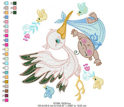 Stork embroidery design - Stork with baby embroidery design machine embroidery pattern - newborn embroidery file - Baby shower gift design