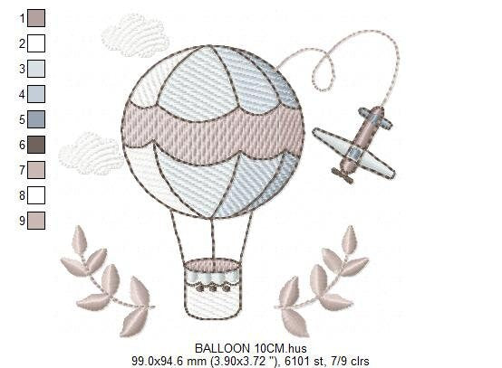 Balloon embroidery designs - Hot air balloon embroidery design machine embroidery pattern - Sky clouds embroidery file - instant download