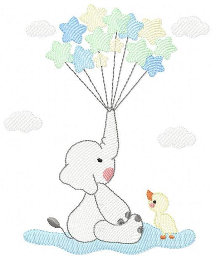 Elephant with stars balloons embroidery designs - Safari Wild Animal machine embroidery pattern - Baby boy file - Instant digital download