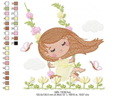 Fairy embroidery designs - Baby girl with flowers and butterflies machine embroidery pattern - Fantasy Pixie file - Instant download pes jef