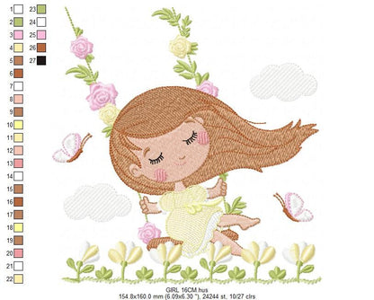 Fairy embroidery designs - Baby girl with flowers and butterflies machine embroidery pattern - Fantasy Pixie file - Instant download pes jef