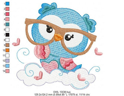 Owl embroidery design - Owl with glasses machine embroidery pattern - School teacher bird - Instant digital download pes jef dst hus vp3 xxx
