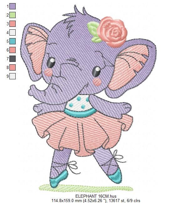 Elephant embroidery designs - Animal embroidery design machine embroidery pattern - Baby girl embroidery file - rippled elephant ballerina