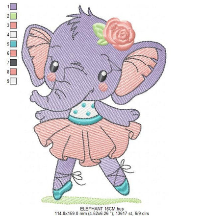 Elephant embroidery designs - Animal embroidery design machine embroidery pattern - Baby girl embroidery file - rippled elephant ballerina