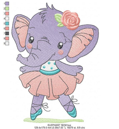 Elephant embroidery designs - Animal embroidery design machine embroidery pattern - Baby girl embroidery file - rippled elephant ballerina