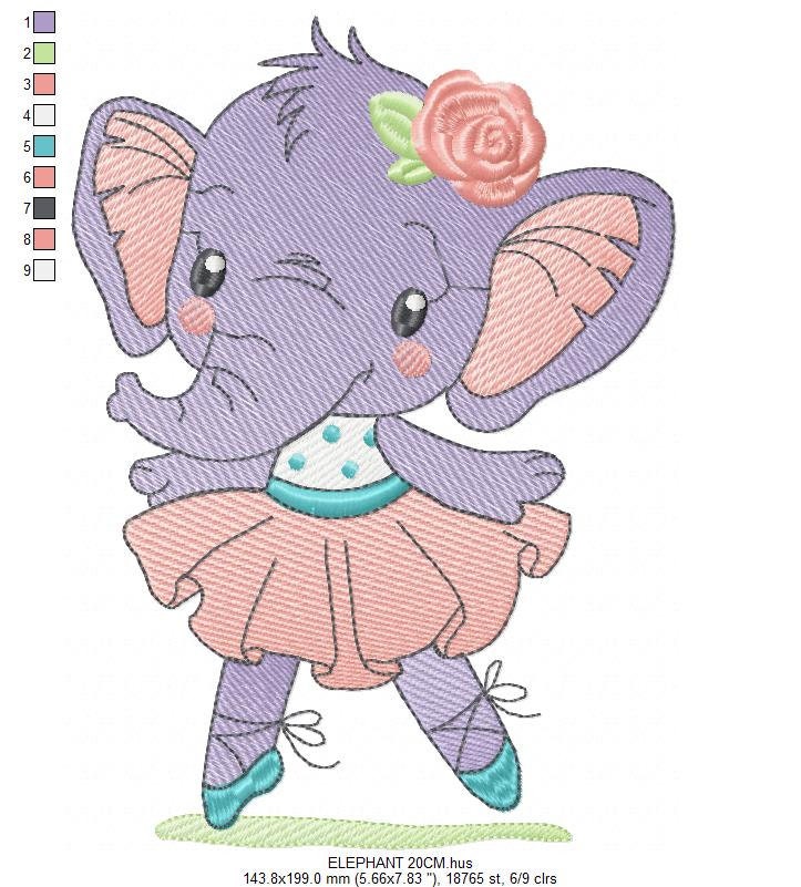 Elephant embroidery designs - Animal embroidery design machine embroidery pattern - Baby girl embroidery file - rippled elephant ballerina