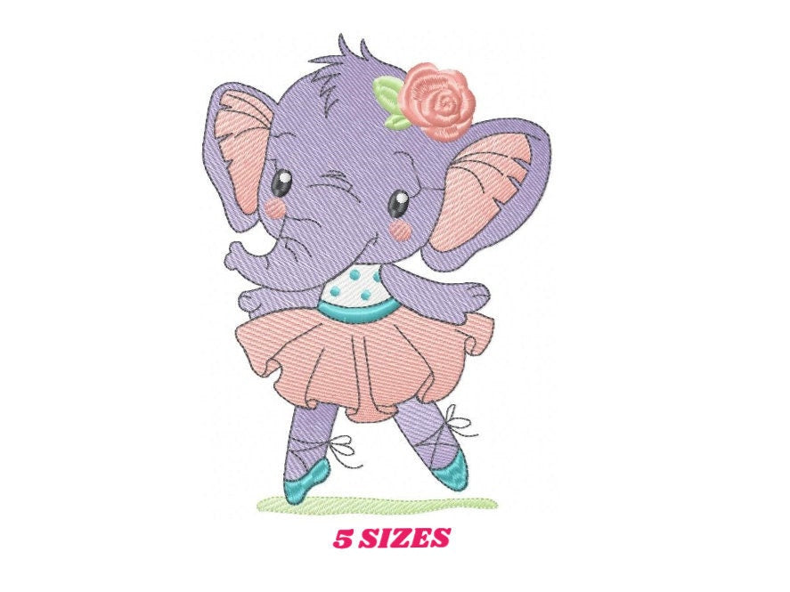 Elephant embroidery designs - Animal embroidery design machine embroidery pattern - Baby girl embroidery file - rippled elephant ballerina