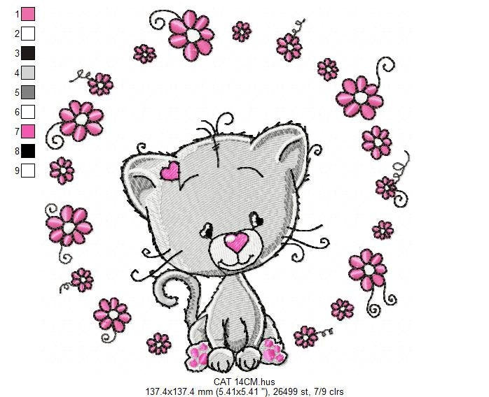 Cat embroidery design - Cat with flowers machine embroidery pattern - Kitten embroidery file - Baby girl file - Instant digital download pes