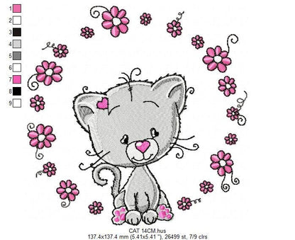 Cat embroidery design - Cat with flowers machine embroidery pattern - Kitten embroidery file - Baby girl file - Instant digital download pes