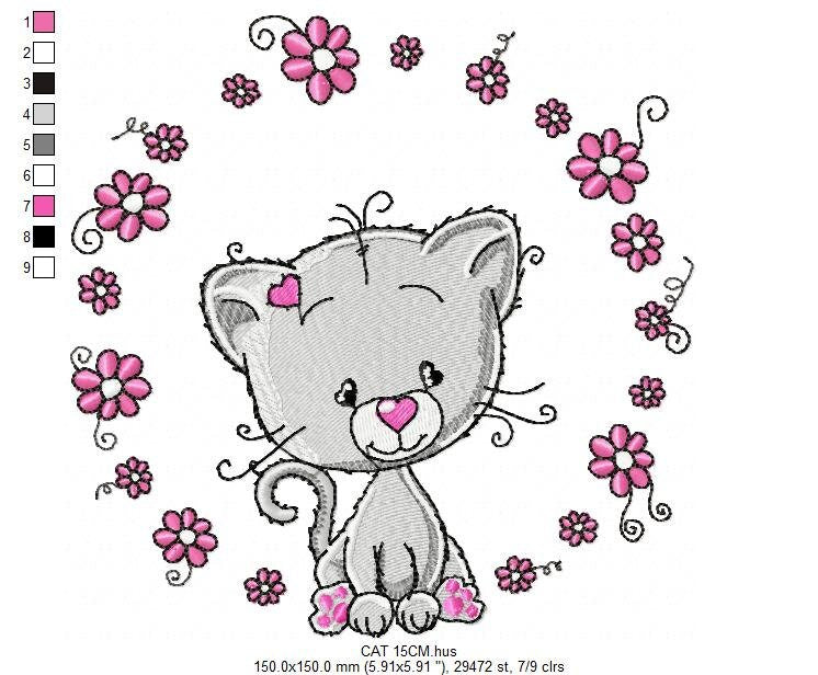 Cat embroidery design - Cat with flowers machine embroidery pattern - Kitten embroidery file - Baby girl file - Instant digital download pes