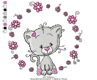 Cat embroidery design - Cat with flowers machine embroidery pattern - Kitten embroidery file - Baby girl file - Instant digital download pes
