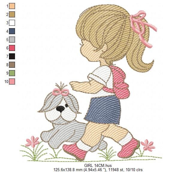 Girl embroidery designs - Dog embroidery design machine embroidery pattern - girl with dog embroidery file - student embroidery school girl