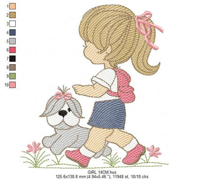 Girl embroidery designs - Dog embroidery design machine embroidery pattern - girl with dog embroidery file - student embroidery school girl