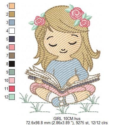 Girl embroidery designs - Reading embroidery design machine embroidery pattern - girl with book embroidery file - student embroidery school