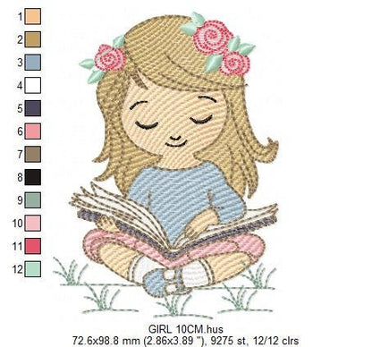 Girl embroidery designs - Reading embroidery design machine embroidery pattern - girl with book embroidery file - student embroidery school