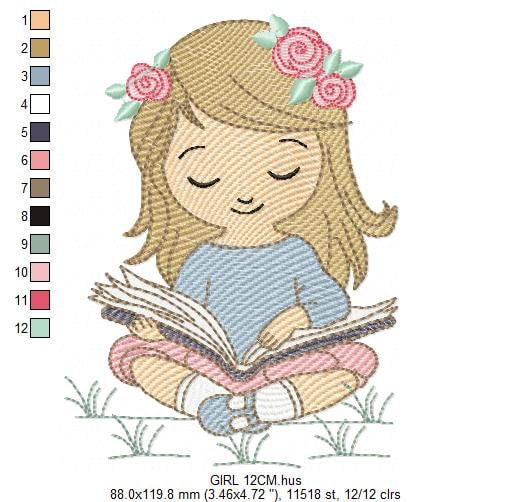 Girl embroidery designs - Reading embroidery design machine embroidery pattern - girl with book embroidery file - student embroidery school