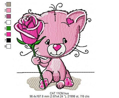 Cat embroidery design - Baby girl embroidery designs machine embroidery pattern - Kitty embroidery file - instant download Cat with rose