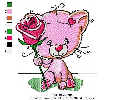 Cat embroidery design - Baby girl embroidery designs machine embroidery pattern - Kitty embroidery file - instant download Cat with rose