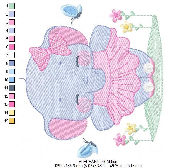 Elephant with tutu embroidery designs - Animal Ballerina with flowers machine embroidery pattern - Baby girl file - Instant download pes jef