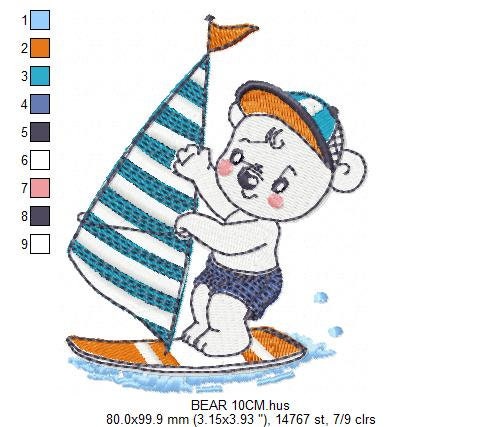 Windsurf embroidery designs - Bear with surfboard machine embroidery pattern - Baby boy file - Instant digital download pes jef dst hus vp3