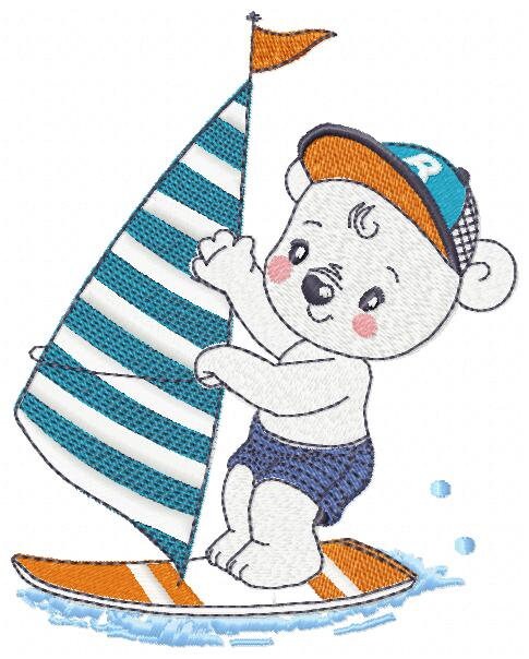 Windsurf embroidery designs - Bear with surfboard machine embroidery pattern - Baby boy file - Instant digital download pes jef dst hus vp3