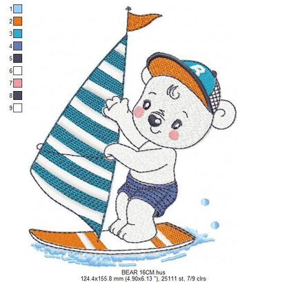 Windsurf embroidery designs - Bear with surfboard machine embroidery pattern - Baby boy file - Instant digital download pes jef dst hus vp3