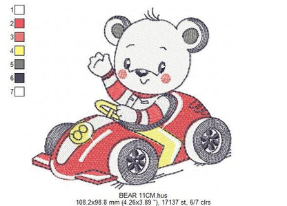 Bear with F1 car embroidery designs - F1 Pilot Bear machine embroidery pattern - Baby boy file - Instant digital download pes jef dst hus