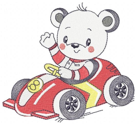 Bear with F1 car embroidery designs - F1 Pilot Bear machine embroidery pattern - Baby boy file - Instant digital download pes jef dst hus
