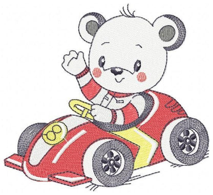 Bear with F1 car embroidery designs - F1 Pilot Bear machine embroidery pattern - Baby boy file - Instant digital download pes jef dst hus