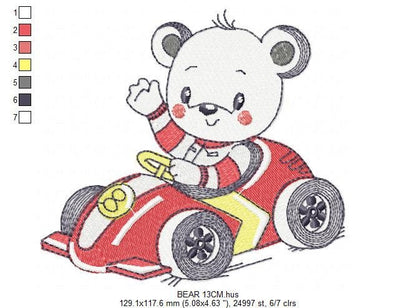 Bear with F1 car embroidery designs - F1 Pilot Bear machine embroidery pattern - Baby boy file - Instant digital download pes jef dst hus