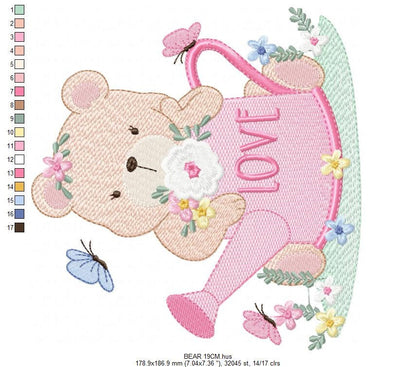 Female Bear embroidery designs - Teddy embroidery design machine embroidery pattern - baby girl embroidery file - spring summer garden water