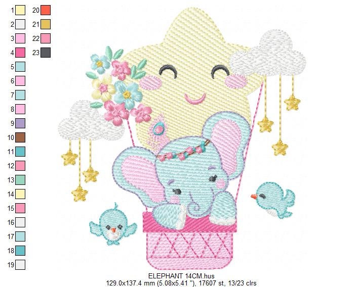 Elephant embroidery designs - Hot air balloon animal machine embroidery pattern - Baby Girl Elephant with birds flowers - Instant download