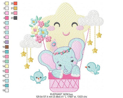 Elephant embroidery designs - Hot air balloon animal machine embroidery pattern - Baby Girl Elephant with birds flowers - Instant download